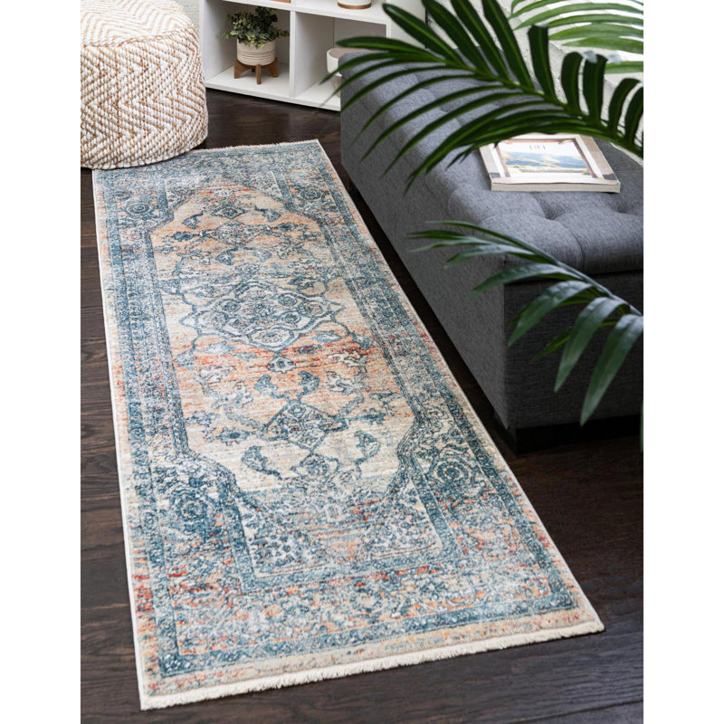 Tapis oriental rouge / bleu Alabama, Tapis de couloir 2 pi x 5 pi 11 po