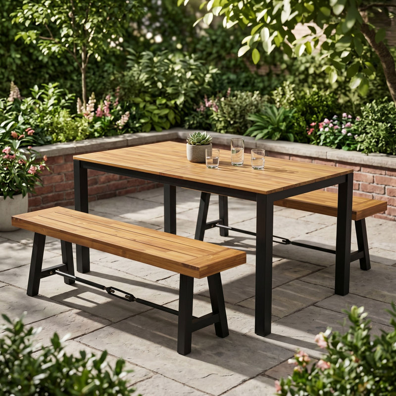 Ensemble de salle à manger d'extérieur 3 pièces en bois d'acacia et métal noir - Bois d'acacia de qualité supérieure