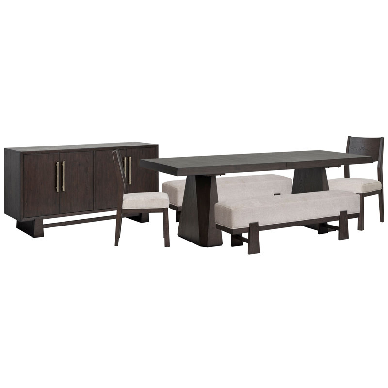 Table de salle à manger à tréteaux avec 2 bancs, 2 chaises d'appoint et un buffet