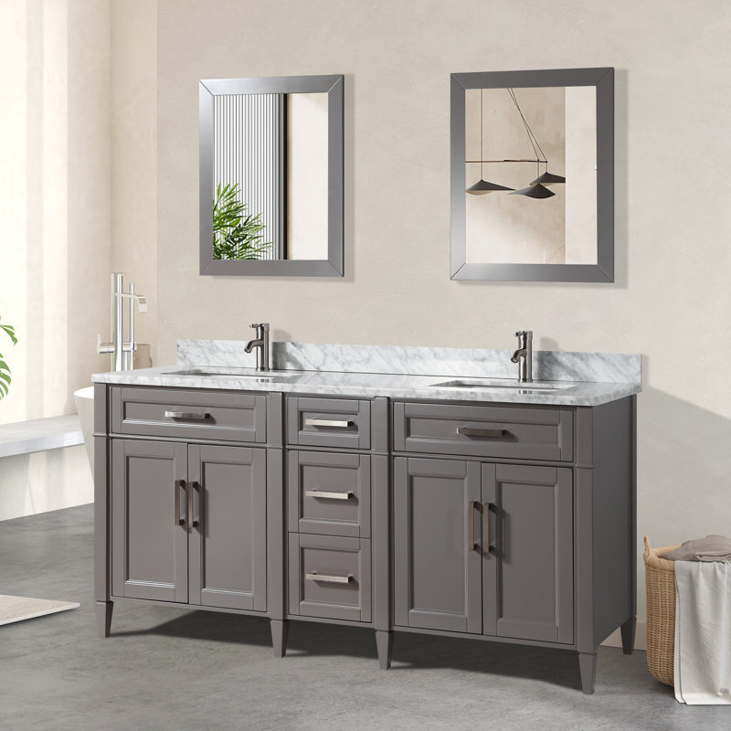 Ensemble de meuble-lavabo double 72 po en pierre de marbre avec miroir Lachine, Gris