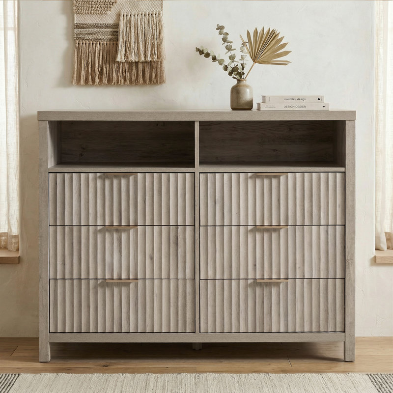 Commode à 6 tiroirs avec tablette média Arrilla, Chêne gris-beige