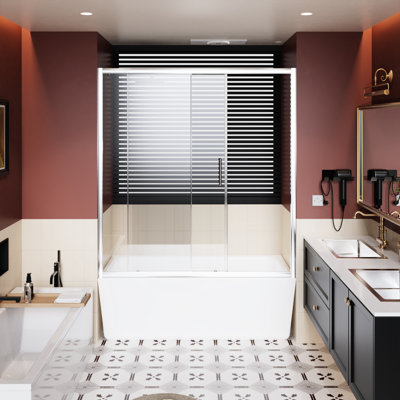 Single Sliding Shower Door For Bathtub, 60 In W X 62 H, Clear Tempered Glass, Aluminum Frame, Silent Zinc Alloy Rollers, Construction, Water - Proof Bathtub Door, Wheels, Smooth And Quiet Movement,