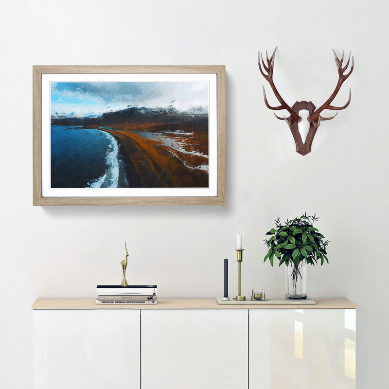 Black Sand Beach in Iceland - Picture Frame Painting Print, 27cm H x 36cm W x 2cm D, Oak Framed