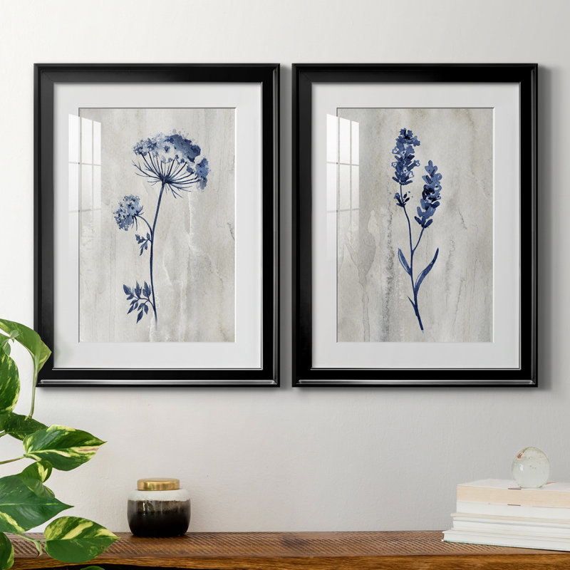 «Indigo Botanical I», ensemble de 2 reproductions d'impressions, H 31,5 po x l 47 po, Impression encadrée avec passe-partout