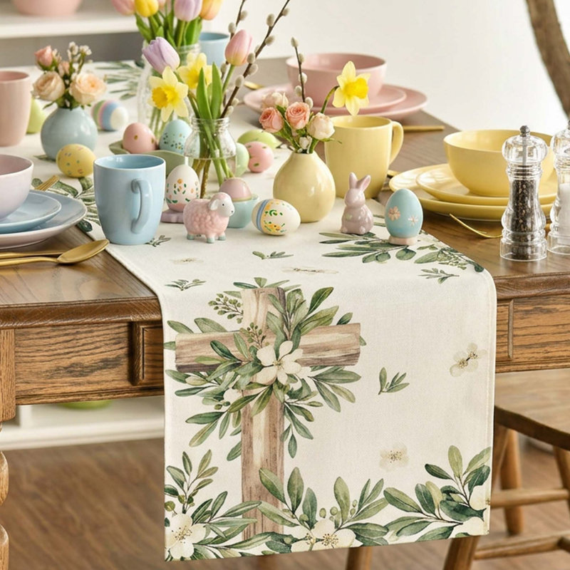 Cross Olive Leaves Spring Table Runner Polyester Durable Easy Care Home Dining Party Decor Summer Easter 1 Piece