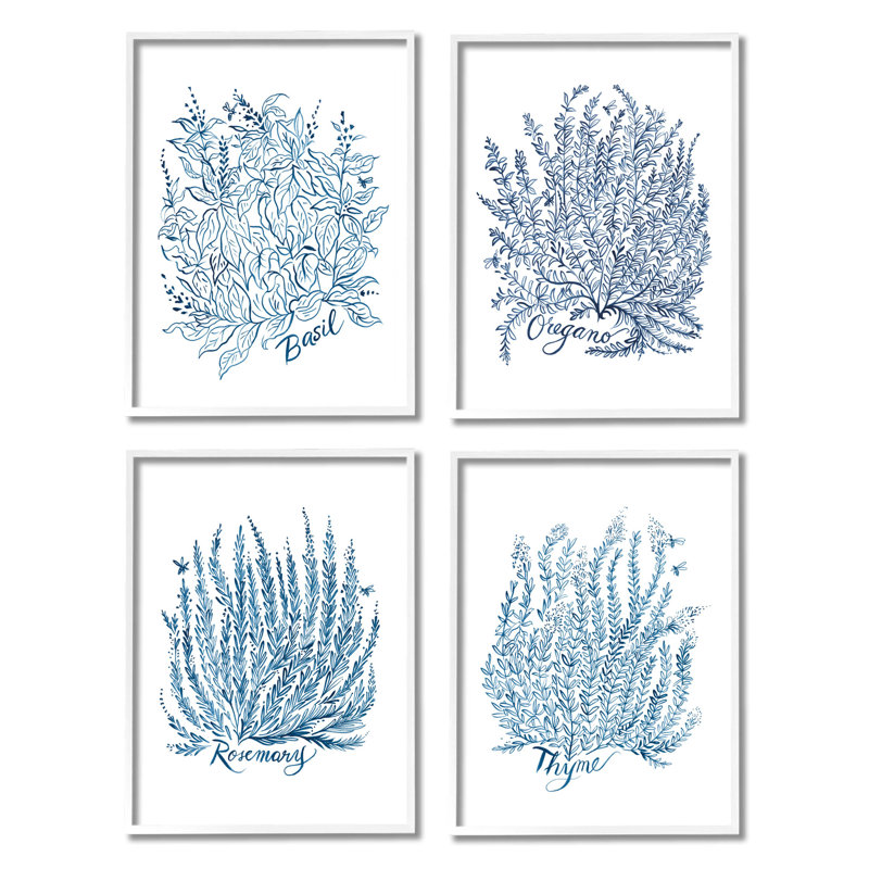 «Mixed Herbs Botanical Plants» par Laura Marr, ensemble de 4 impressions sur bois, H 28 po x l 22 po x P 1,5 po, Blanc