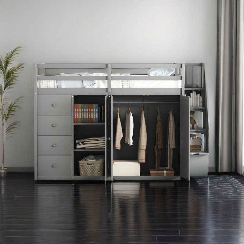 Lit mezzanine double avec tiroirs Javonti Kids, gris