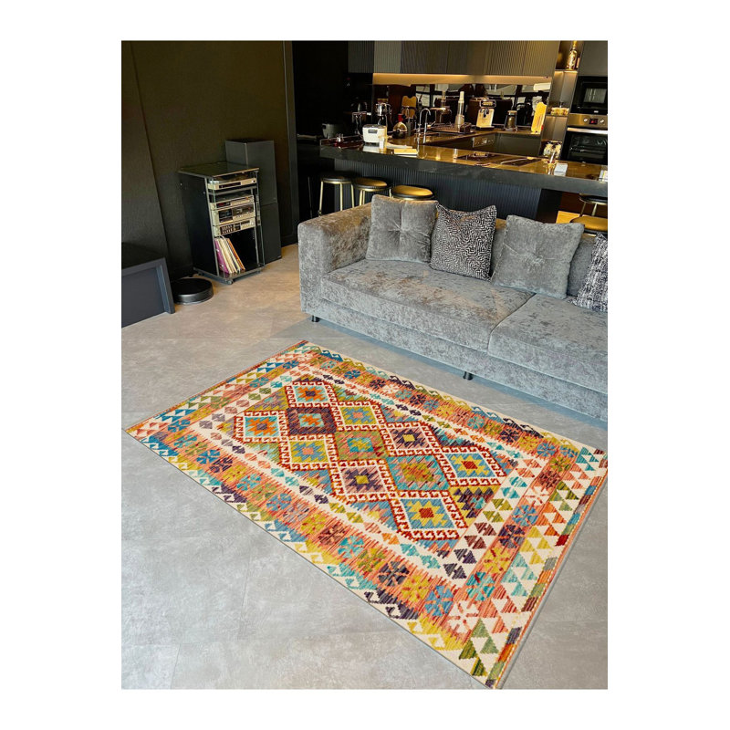 Machine Washable Multicolor Ethnic Traditional Pattern Vintage Decorative Woven Base Rug