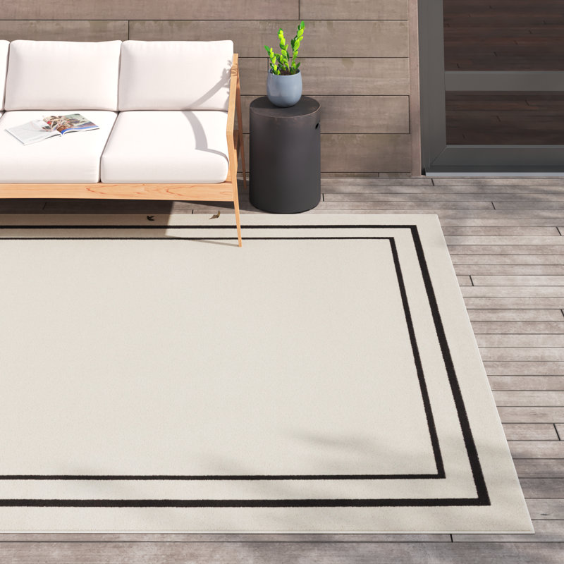 Arvell Abstract Machine Woven Chenille Indoor/Outdoor Area Rug in Ivory Black, Rectangle 8' x 10'