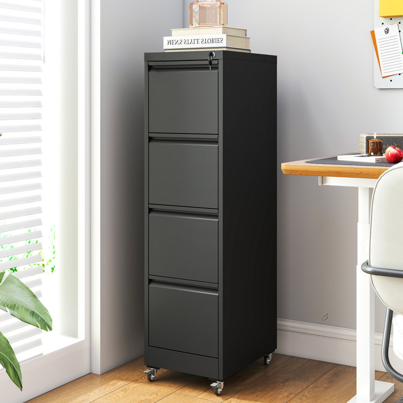 Classeur vertical en métal à 4 tiroirs verrouillables Abheek Makeace 15,2 po L avec roulettes – Classeur robuste pour bureau à domicile, assemblage requis