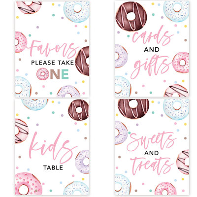 Donut Birthday Party Sign Bundle Set, 8.5 X 11-Inch, Favors, Sweets & Treats, Cards & Gifts Sign And Kids Table For 1St Birthday Party Decorations, Pa