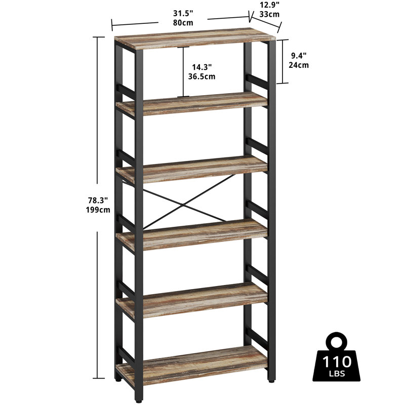 Bookshelf, 31.5In Wide Shelf 6 Tier Bookcase, 110Lbs/Shelf Industrial Bookshelves, Industrial Brown