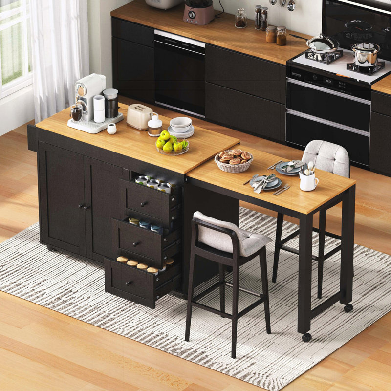 Kitchen Island with Extendable Dining Table, Kitchen Storage Cart with 3 Drawers, Power Outlet, Black
