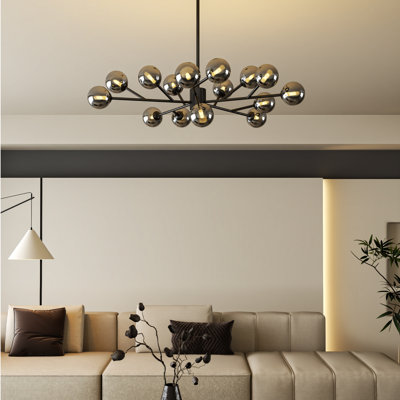 Lustre moderne Sputnik à 15 lumières avec abat-jour en verre fumé, globe en verre noir, plafonnier réglable pour salle à manger, salon et hall d'entrée