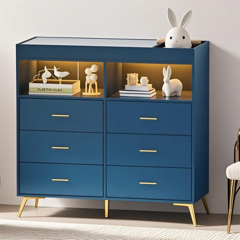 6 Drawer Dresser with Changing Table Top, LED Lights & Charging Station, Modern Baby Changing Table Dresser, Blue