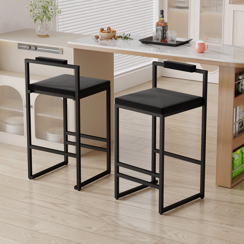 Ensemble de 2 tabourets de bar rembourrés en velours moderne avec repose-pieds et dossier, Noir, Noir
