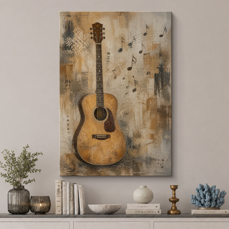 Guitare acoustique sépia avec notes flottantes, 48" H x 32" W x 1.5" D, Wrapped Canvas