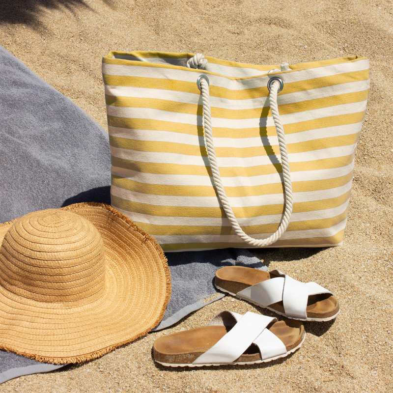Large Striped Canvas Tote Beach Bag - 55cm x 36cm, Yellow/Beige