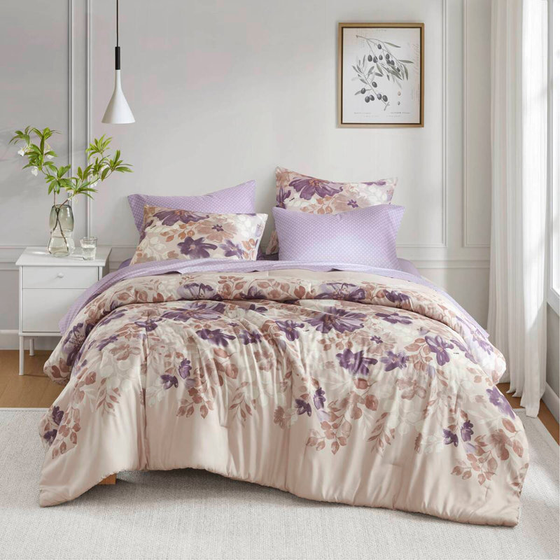 Ensemble d'édredon floral avec draps Taupe, Édredon double et 6 pièces supplémentaires, Floral mauve