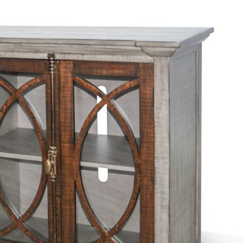Meuble télé Camie, 4 portes d'armoire en verre, bois massif gris, 91 pouces, Gris / transparent / brun foncé