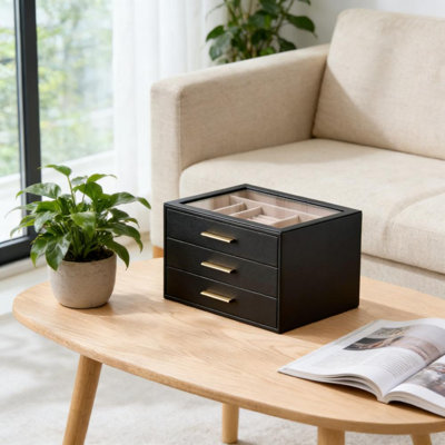 Boîte de rangement de bijoux à 3 couches avec fenêtre en verre