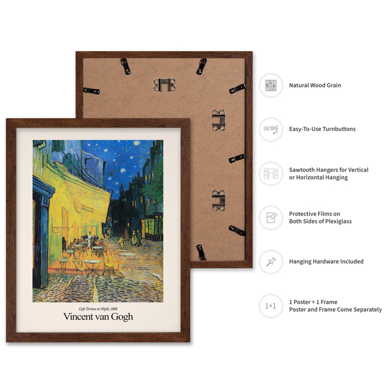 Van Gogh - terrasse de café la nuit, Affiche, H 12 po x l 16 po, Encadrement brun