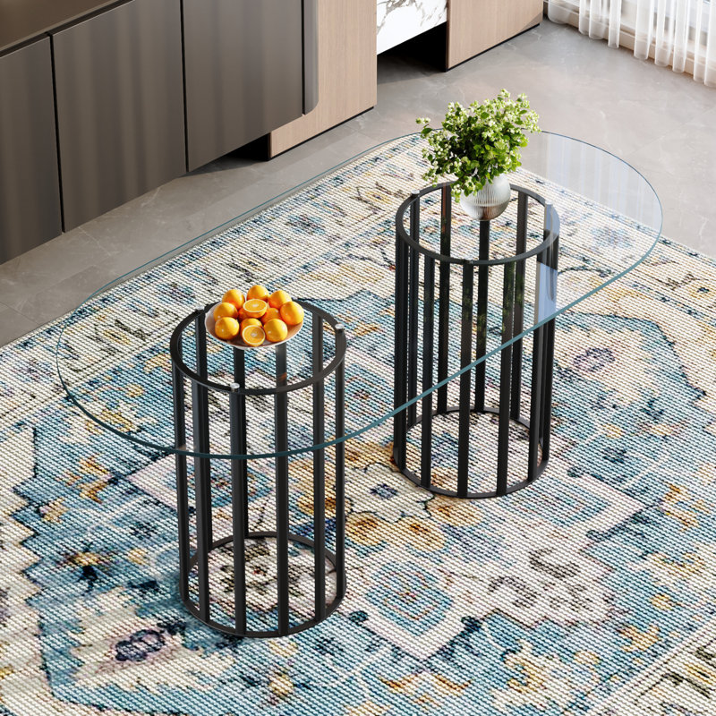 Table de salle à manger ovale en verre trempé de 71 pouces de style luxueux à double colonne, en verre trempé résistant aux égratignures et facile à nettoyer. Convient pour une salle à manger de luxe pour 6 à 8 personnes.