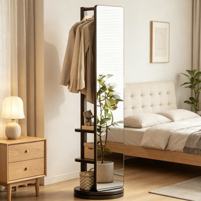 Full Length Mirror with Coat Rack, Solid Rubber Wood Floor Mirror with 360° Rotating Stand, High Definition Shatterproof Nano Glass, Space Saving Storage for Bedroom, Living Room, Dressing Room, Hallway
