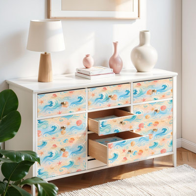 Peel and Stick Wallpaper Contact Paper Seashells Starfish Ocean Waves Self Adhesive and Removable 17.7in x 118in(45x300cm)
