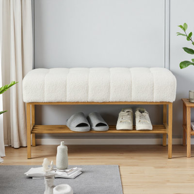 Banc de bout de lit avec tablette, banc de rangement pour chaussures rembourré, banc de chambre moderne avec pieds en métal