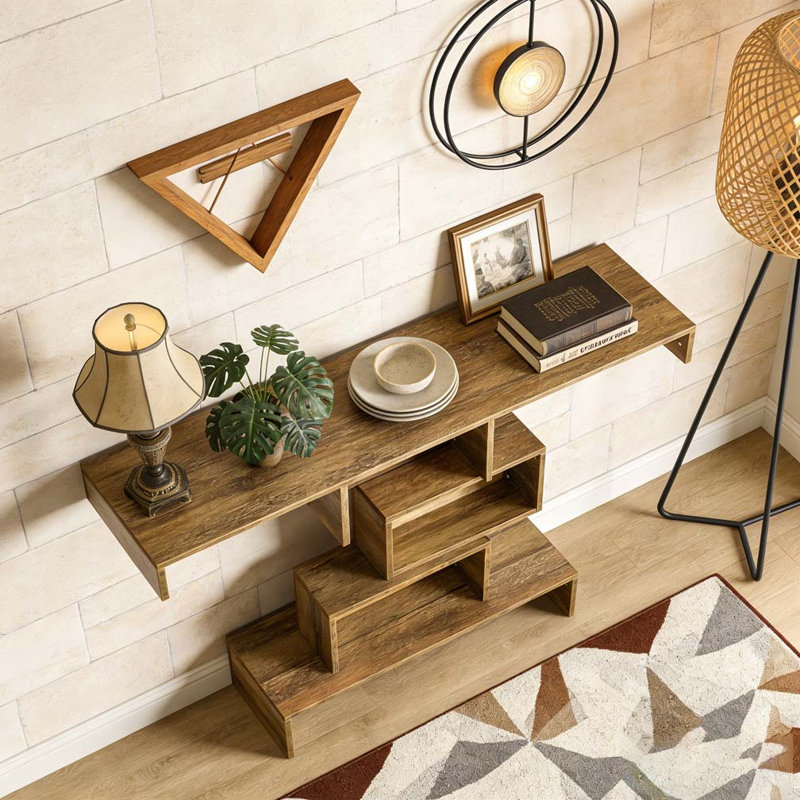 Table d'appoint en bois avec base géométrique, Marron clair
