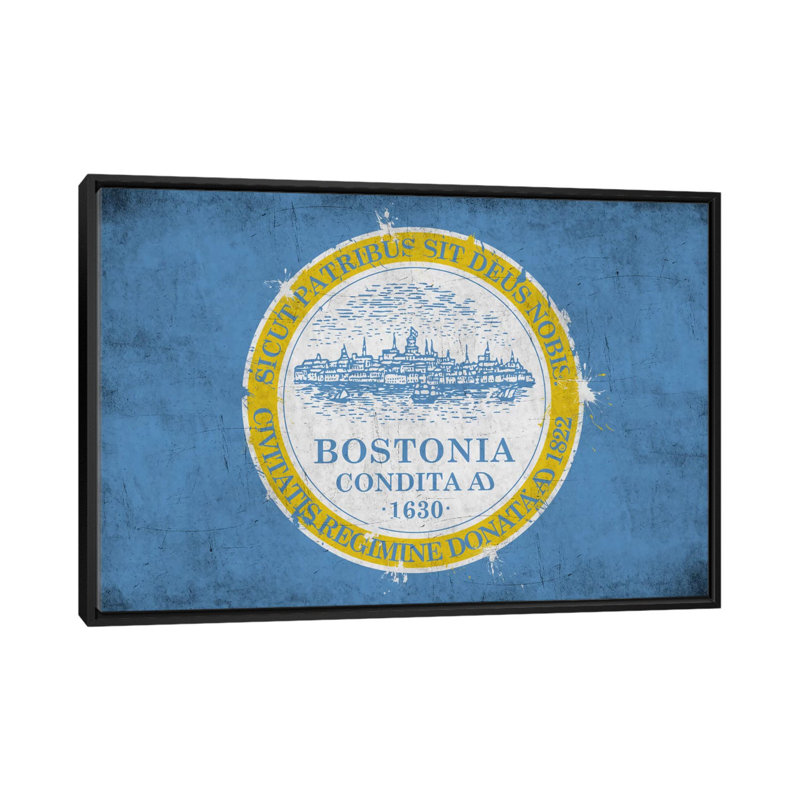 «Boston, Massachusetts Flag», impression sur toile, H 18 po x l 26 po x P 1,5 po, Toile avec cadre noir, Pas de tapis