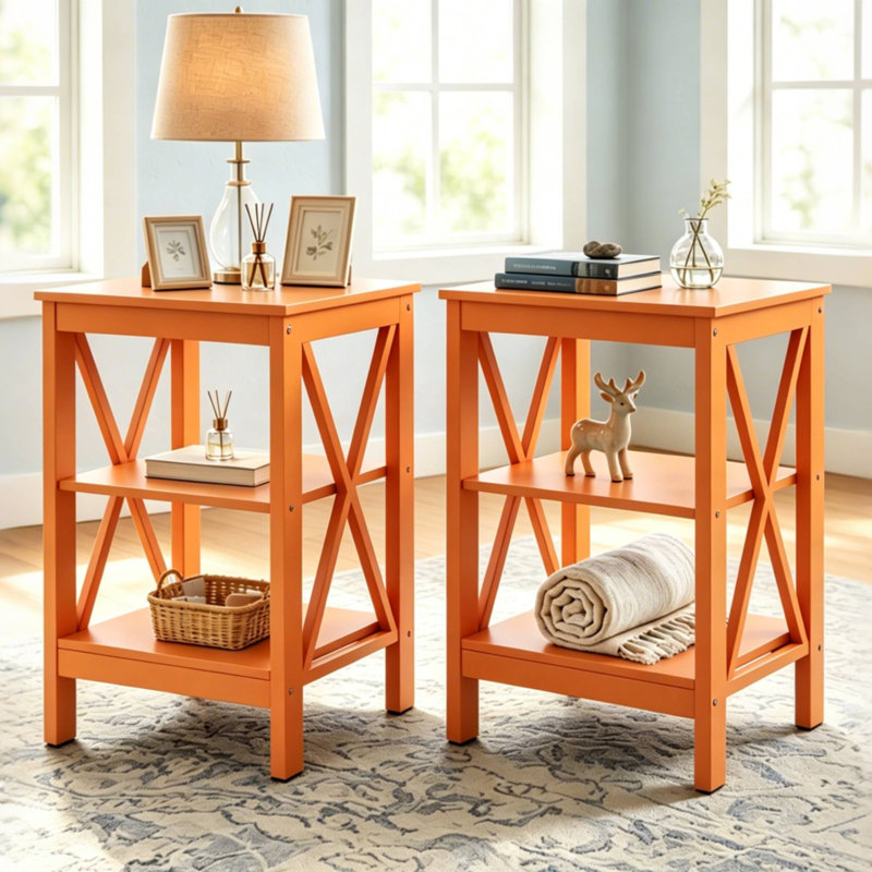 Ensemble de 2 tables de chevet à 3 niveaux avec rangement ouvert, petite table de chevet avec cadre en X, table d'appoint moderne en bois (ensemble de 2)