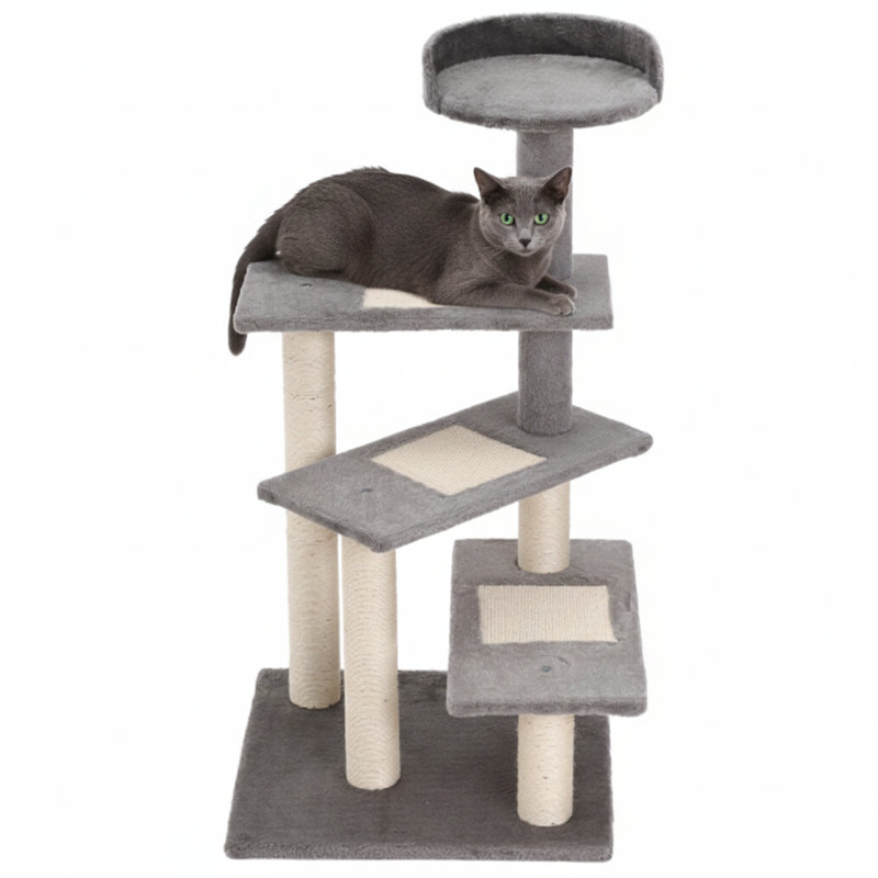 Tour d'activité pour chat de 40 pouces avec escalier en spirale, cinq niveaux, avec des surfaces de grattage, des zones d'escalade, une aire de jeu et un perchoir de détente, finition grise
