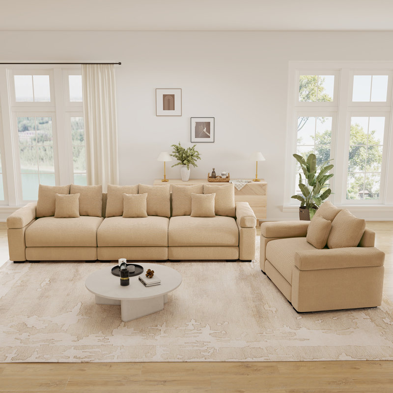Ensemble de salon modulaire de 4 pièces, canapé d'angle moderne en velours côtelé avec canapé et fauteuil, Chameau