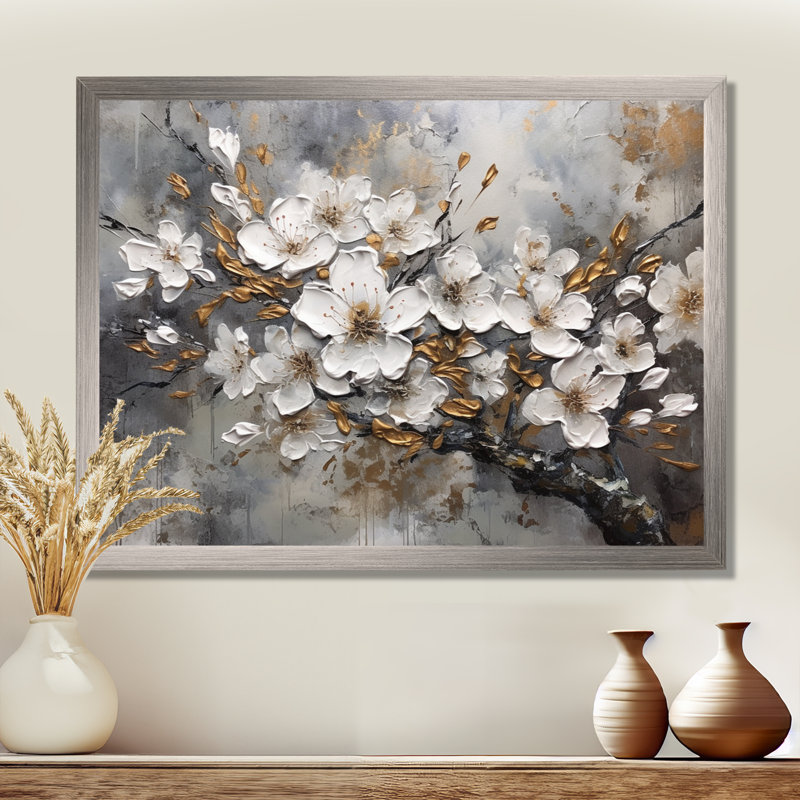 Harmonie I de cerisier blanc et gris - art mural floral pour le salon, H 30 po x l 40 po x P 1,5 po, Cadre simple argenté