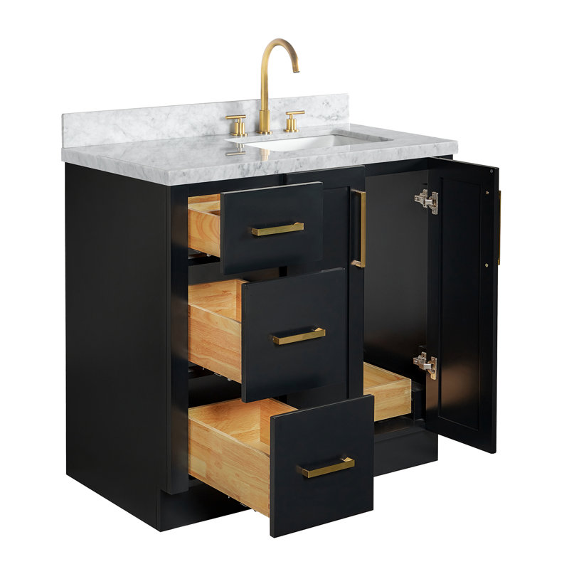 Meuble-lavabo rectangulaire simple de 94 cm (37 pouces) décalé vers la droite, avec comptoir en marbre blanc de Carrare de 3,8 cm (1,5 pouce) d'épaisseur, finition noire.