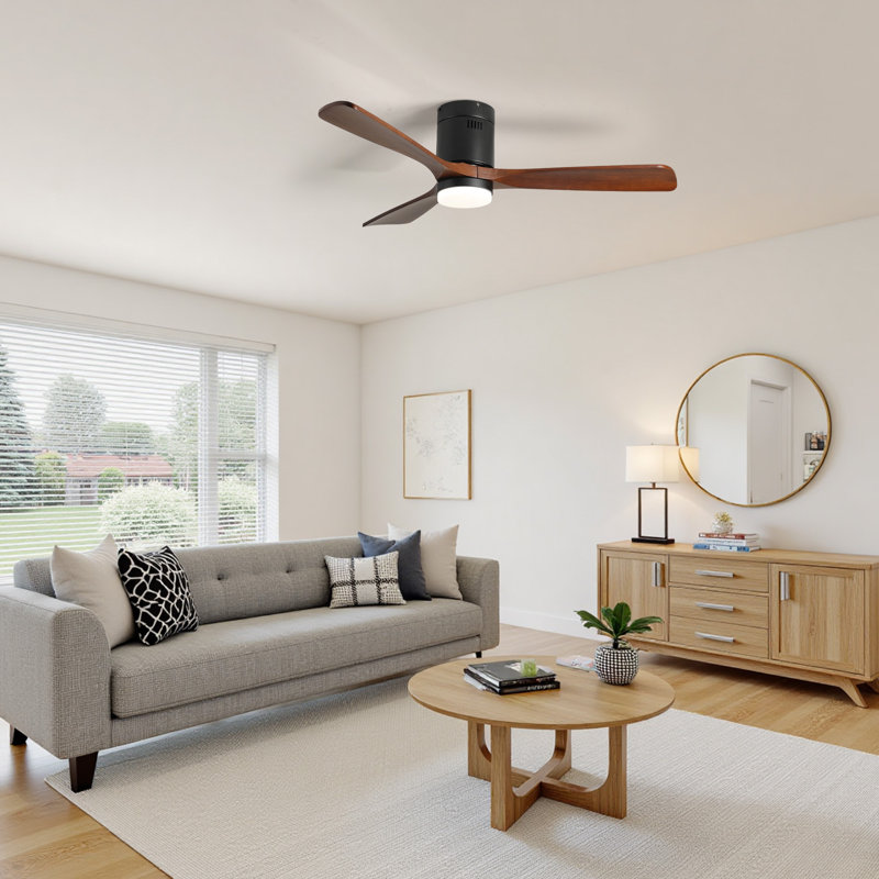 52" Flush Mount Ceiling Fan Wood Blades Ceiling Fan With Light With Remote Control