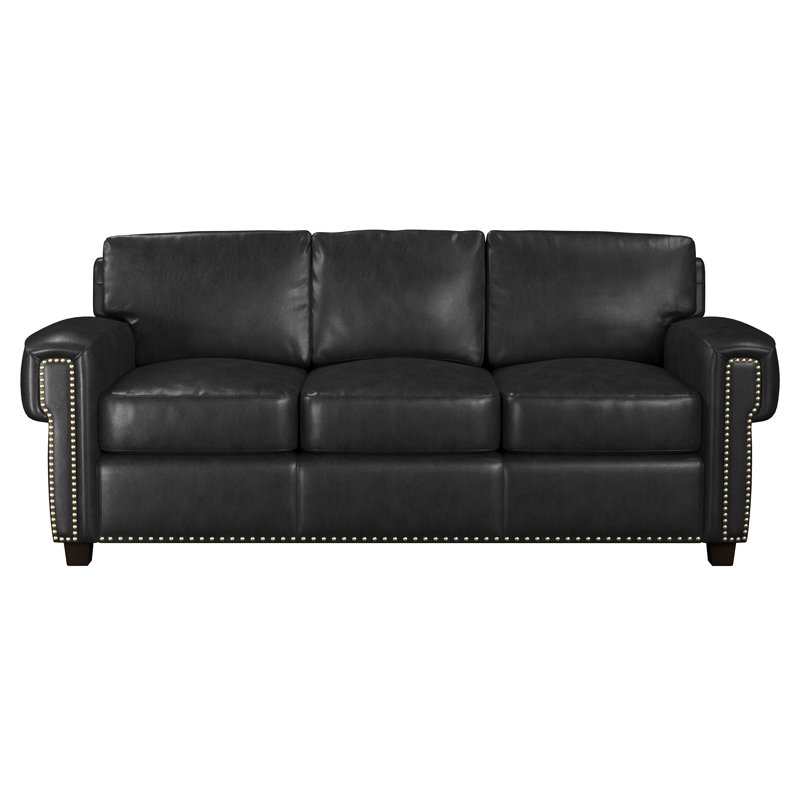  Fardin 87" Genuine Leather Queen Sleeper Sofa, Black Genuine Leather