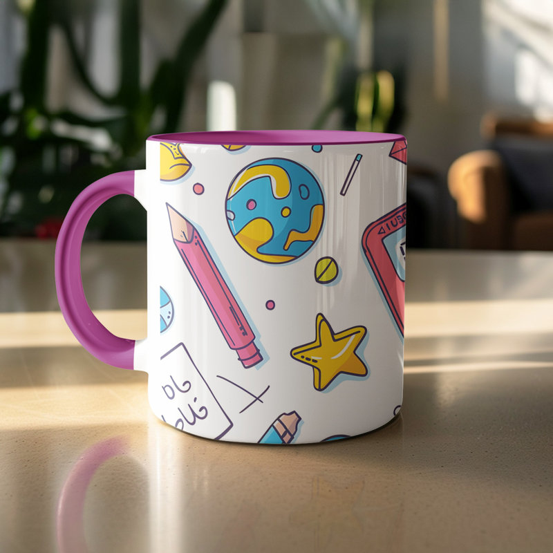 Set of 2 Kids Drawing Style 11oz Accent Mugs – White Ceramic Coffee Cups with a Purple Handle and Interior