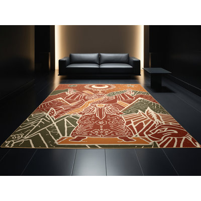 Tapis moelleux moelleux à motif de blocs d'inspiration mondiale Vega Shaman en brun - reliure brun clair
