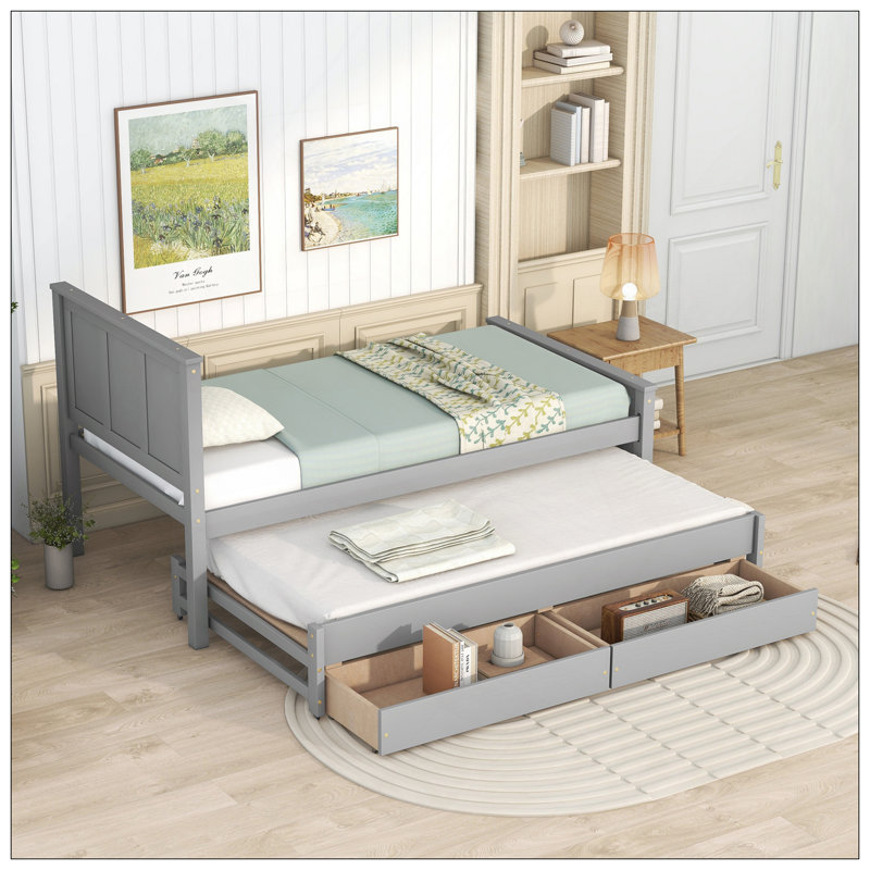Lit plateforme simple avec lit gigogne et tiroirs, gris
