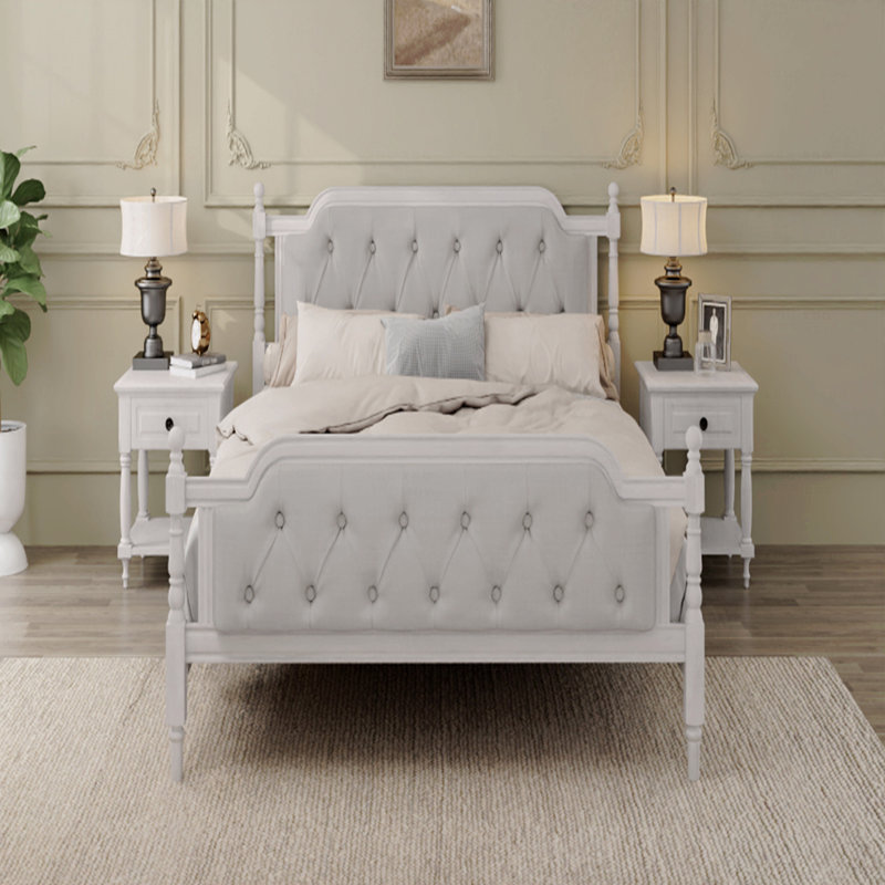 King Size Wood Bed Frame – Tufted Upholstered Headboard, Antique White