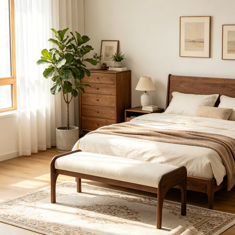 Banc rembourré en chenille avec pieds en bois massif, Beige