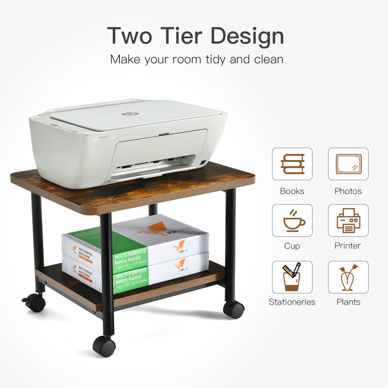 Brown 2-Tier Rolling Under Desk Printer Stand with Storage Shelves