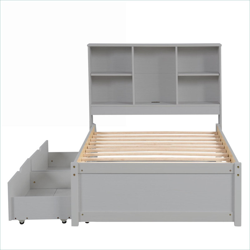Lit plateforme en panneau de particules simple pour chambre à coucher de couleur grise avec port USB intégré et tiroirs de rangement sous le lit