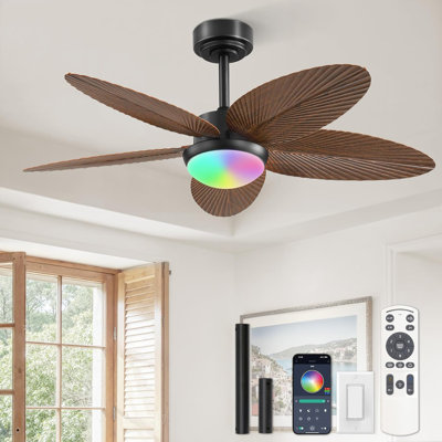 Ventilateurs de plafond tropicaux avec lumières et contrôle à distance / APP, ventilateur de plafond à feuilles de palmier de 42 pouces avec éclairage à intensité variable RVB, ventilateur de plafond moderne silencieux pour la chambre à coucher, u