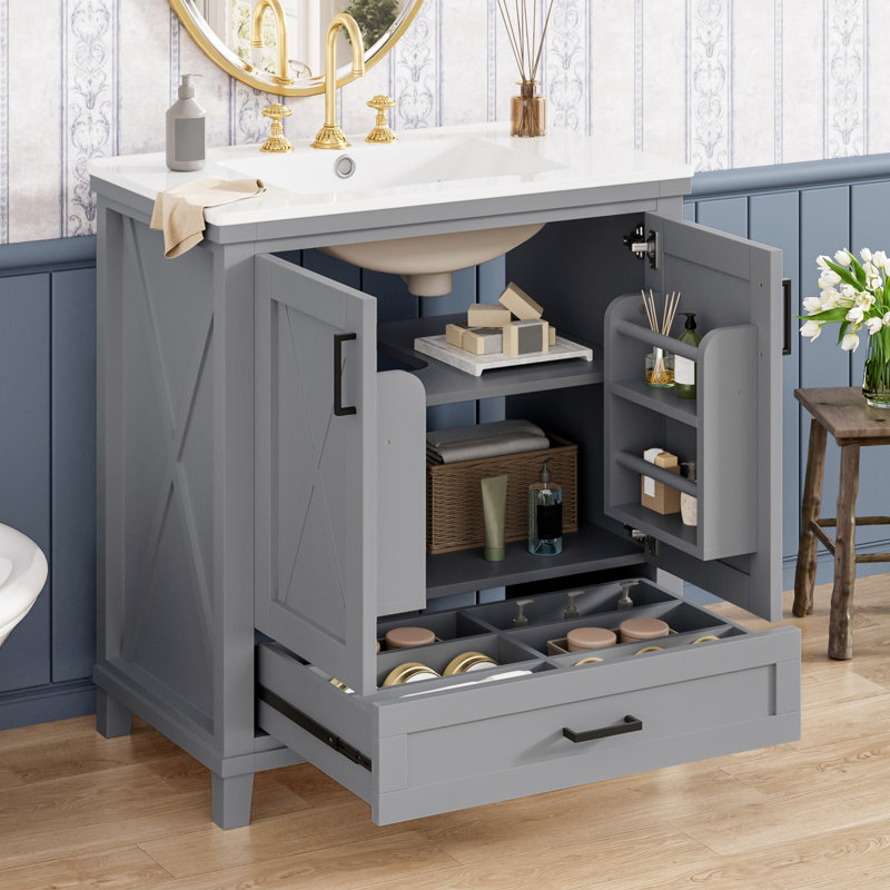 Meuble-lavabo avec lavabo simple, meuble-lavabo à cadre en bois avec 2 portes à fermeture en douceur, Gris