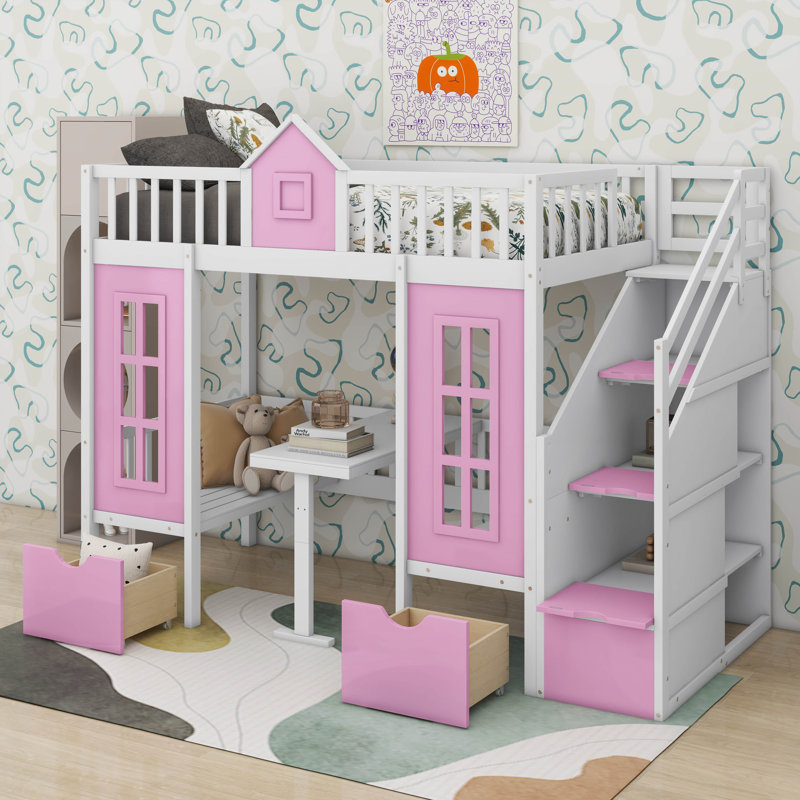 Adonya Kids Twin Over Twin Bunk Bed, Pink