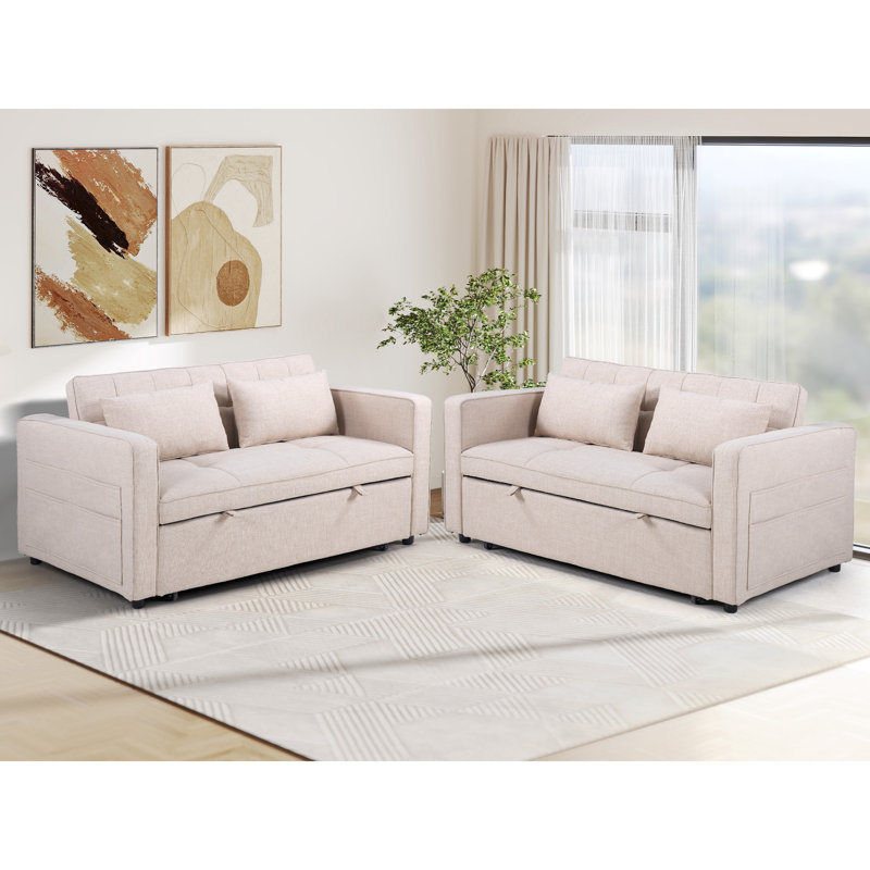 Dewart 55.5" Wide Soft Linen Upholstered Sofa Bed With Accent Pillow (Set of 2), Beige